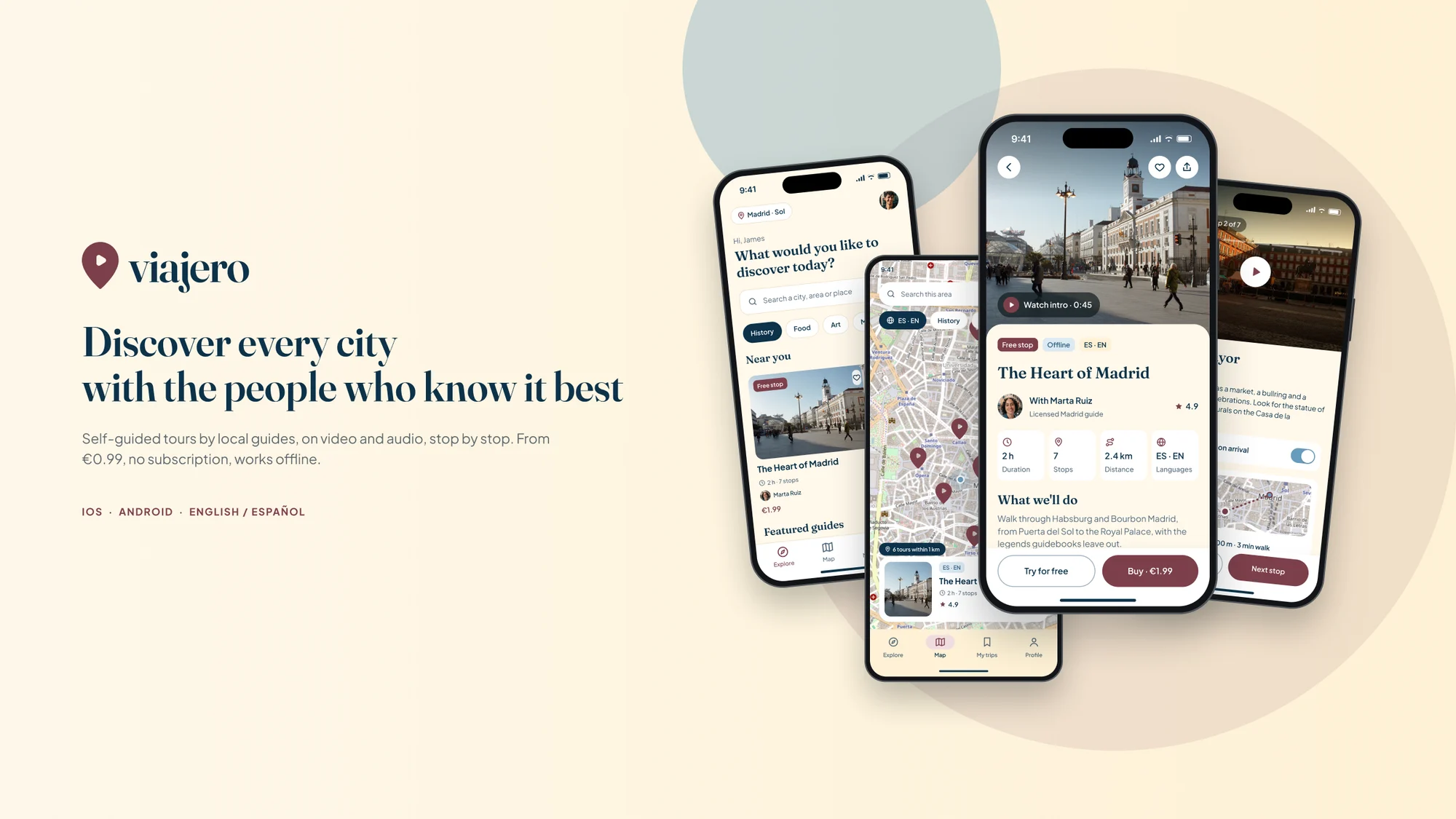 Three iPhones with the app on a cream background: explore, the tour page and the free stop, next to the logo and tagline