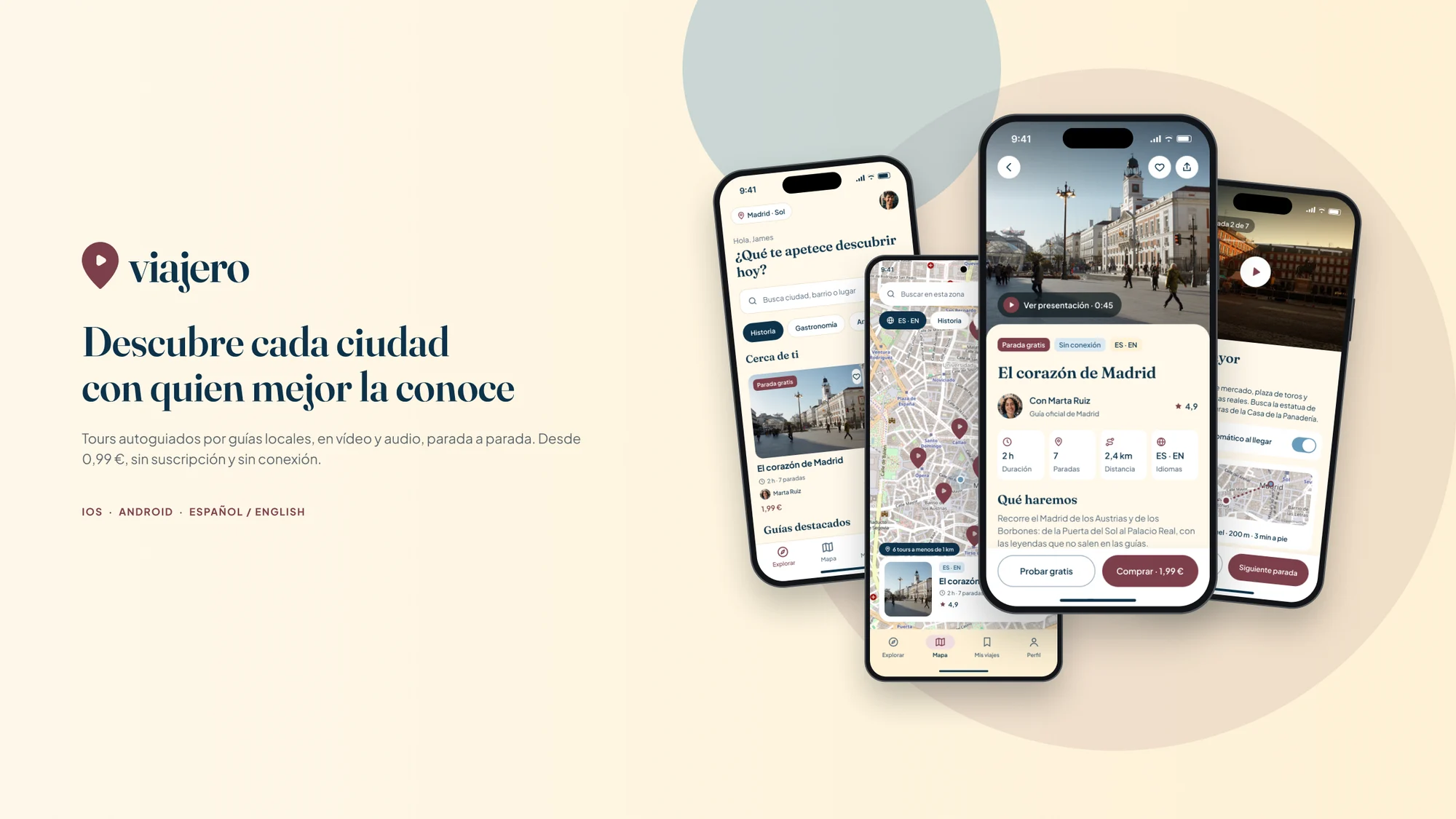Tres iPhone con Viajero sobre fondo crema: explorar, la ficha del tour y la parada gratis, junto al logotipo y el lema