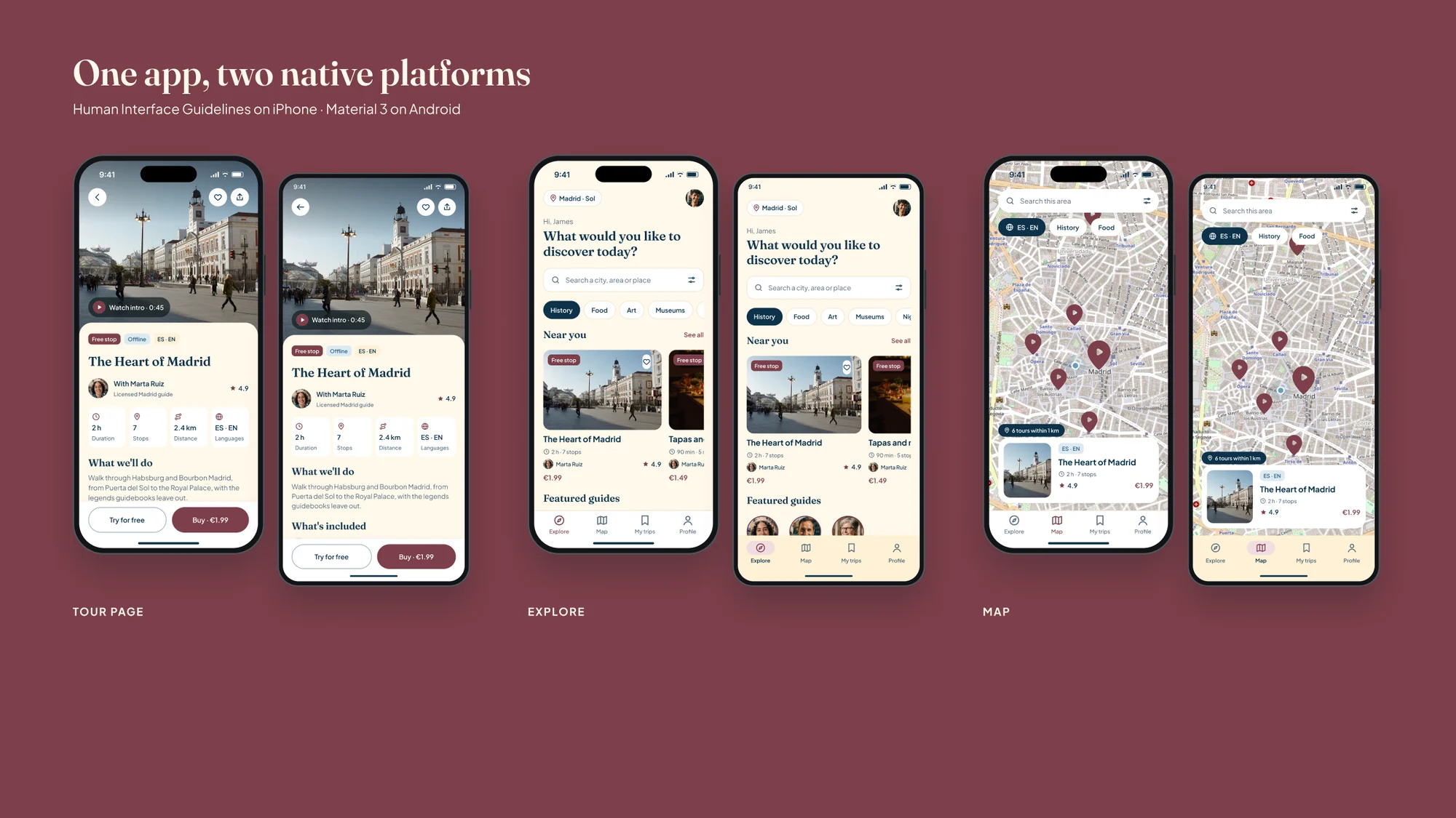 iPhone and Pixel in pairs on a burgundy background: tour page, explore and map on both platforms