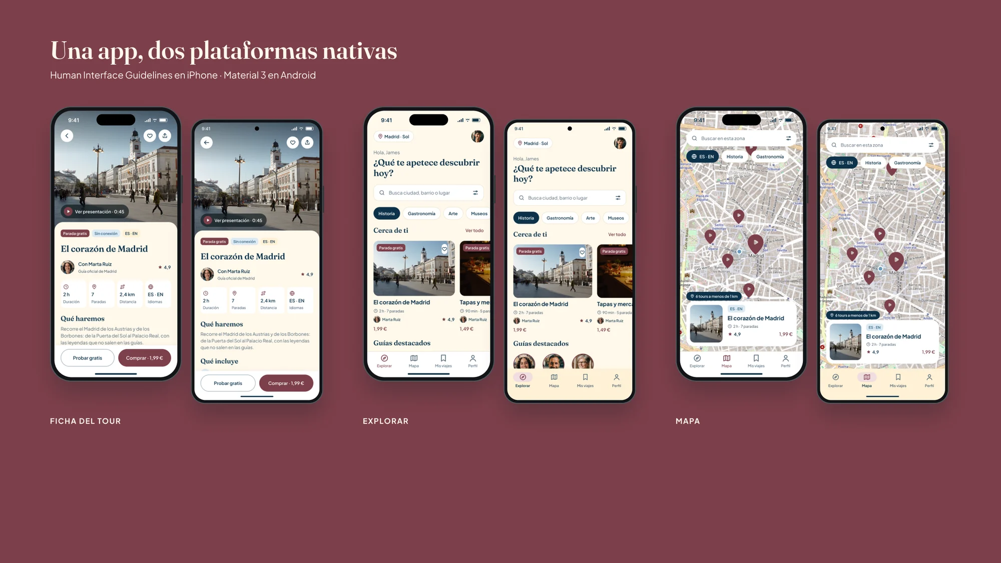 iPhone y Pixel por parejas sobre fondo burdeos: ficha del tour, explorar y mapa en las dos plataformas